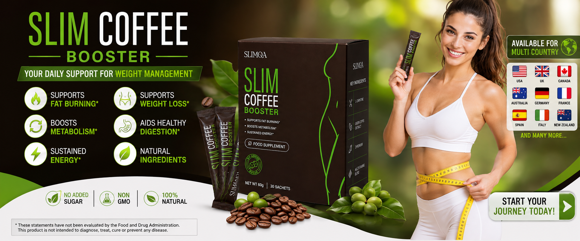 Slimqa Slim Coffee Booster Vorteile: unterstützt Fettverbrennung, Stoffwechsel, Energie, Gewichtsverlust, Verdauung und natürliche Inhaltsstoffe