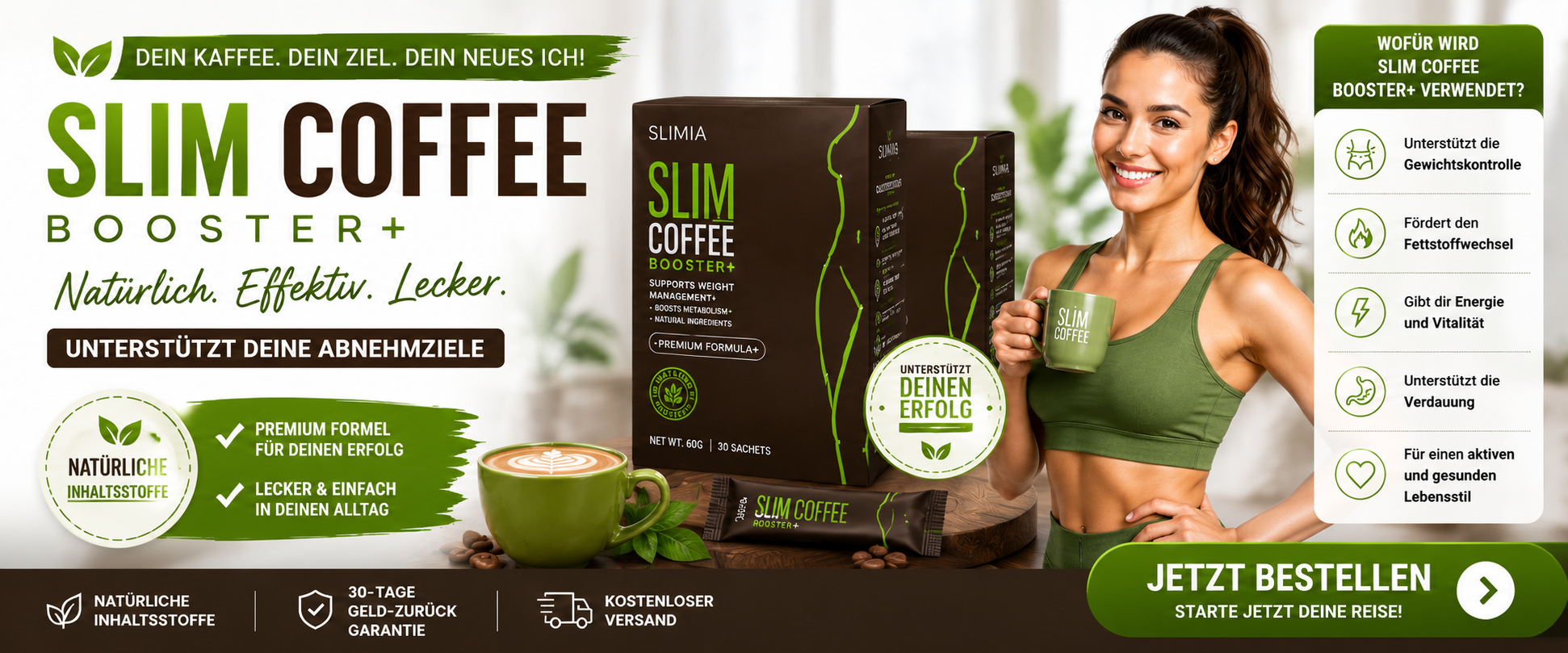 Slimqa Slim Coffee Booster mit einer Tasse Kaffee und einer Frau im Sportoutfit – natürlich, effektiv, lecker